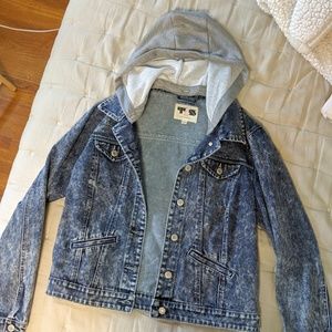 Faded Denim Jacket, sweater hood- Large